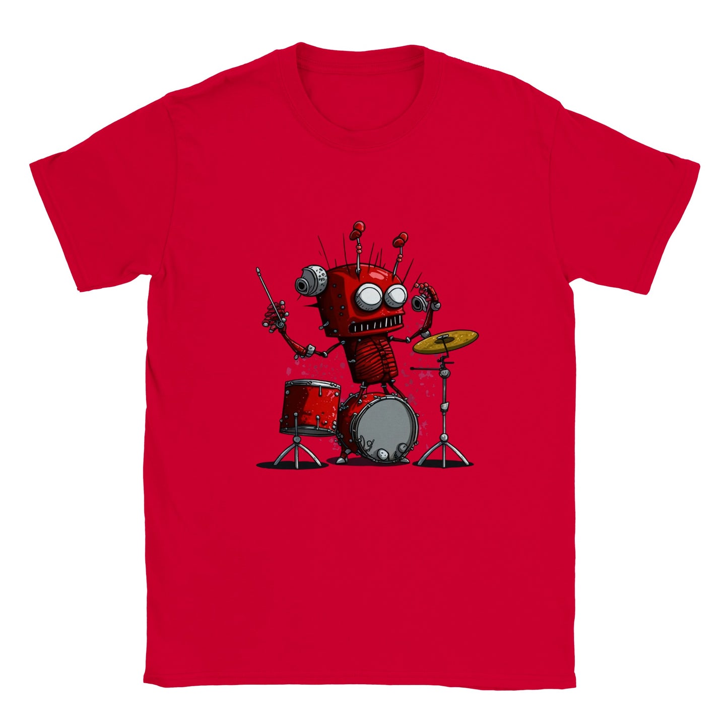 Kids red t-shirt with crazy robot playing the drums