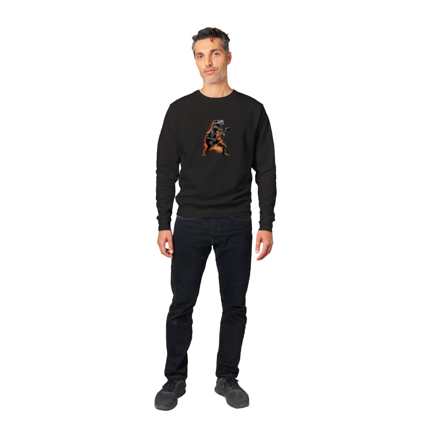 On Fire T-Rex Playing Guitar Premium Unisex Crewneck Sweatshirt