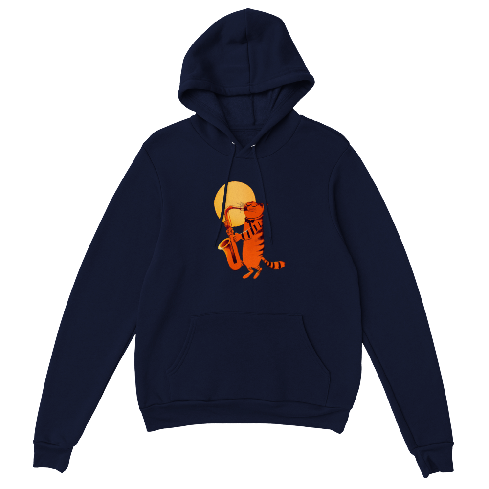 Cat Playing the Saxophone Under the Full Moon Premium Unisex Pullover Hoodie.