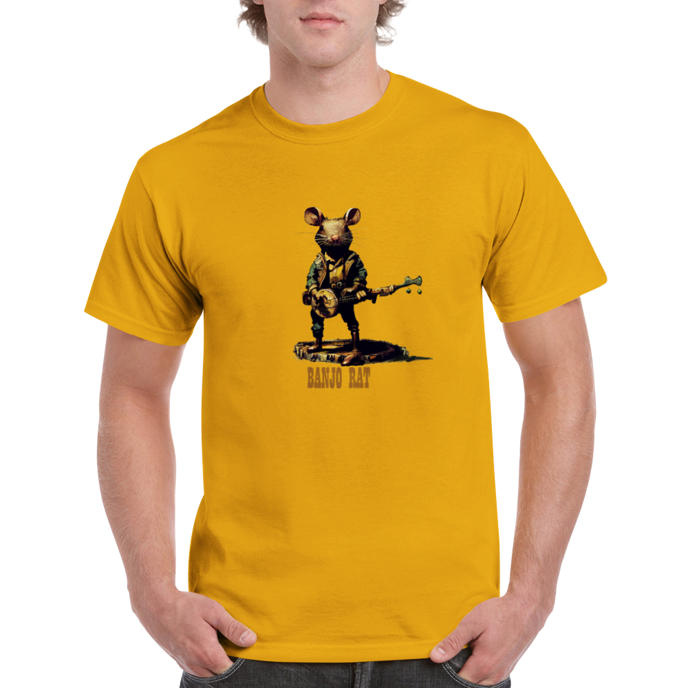 A guy wearing a gold t-shirt with a print of a rat playing the banjo print on the front