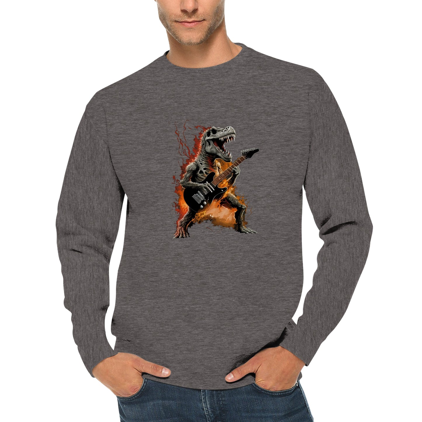 On Fire T-Rex Playing Guitar Premium Unisex Crewneck Sweatshirt