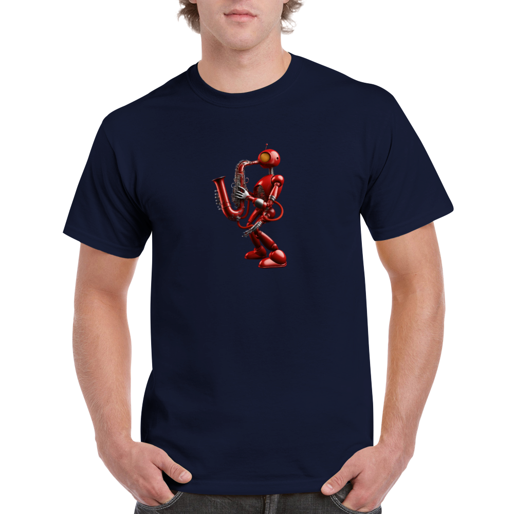 A guy wearing a navy t-shirt with a red robot playing a saxophone