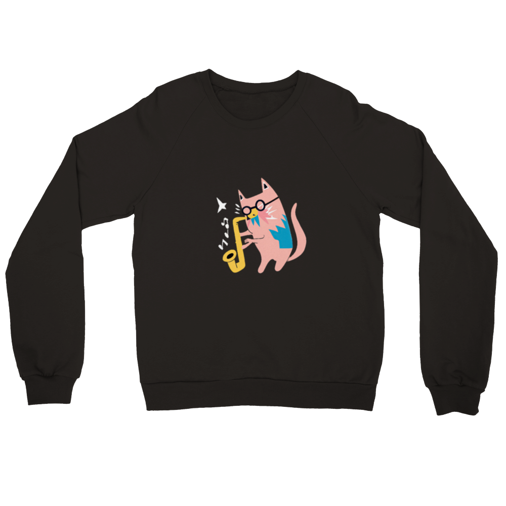Pink Cat Playing a Saxophone Premium Unisex Crewneck Sweatshirt.