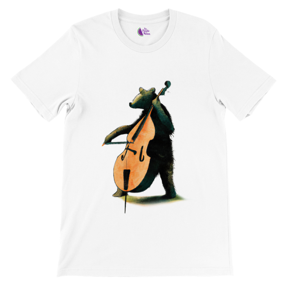 White t-shirt with a bear playing the double bass print