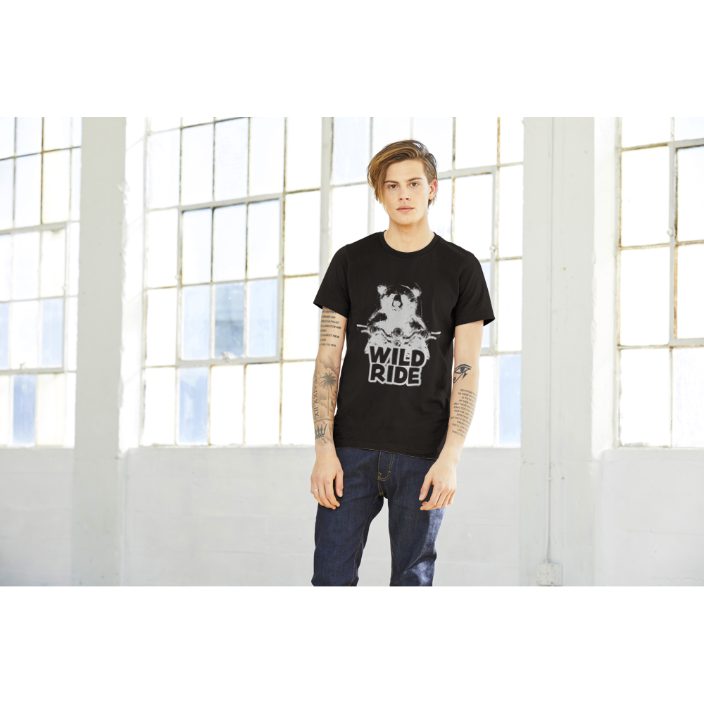 Guy wearing a black t-shirt with a bear on a bike with Wild Ride caption