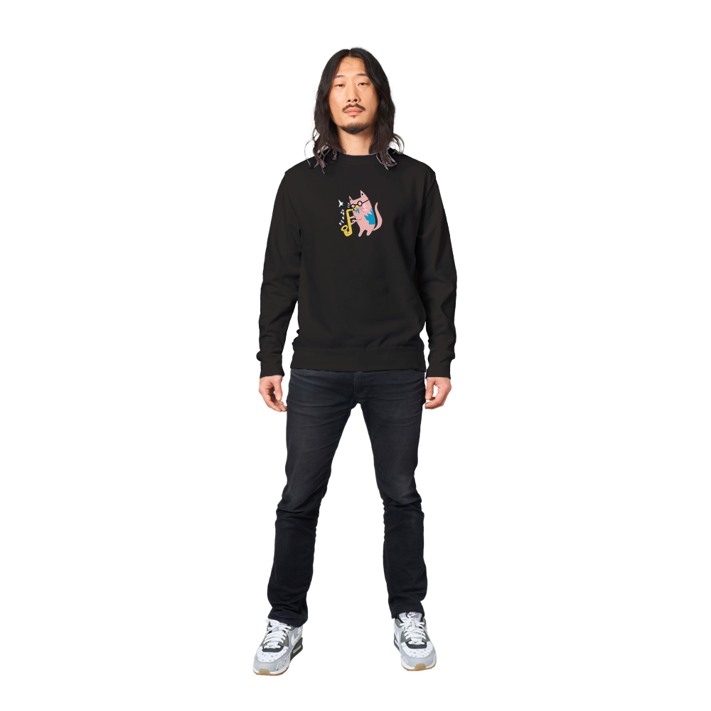 Pink Cat Playing a Saxophone Premium Unisex Crewneck Sweatshirt.