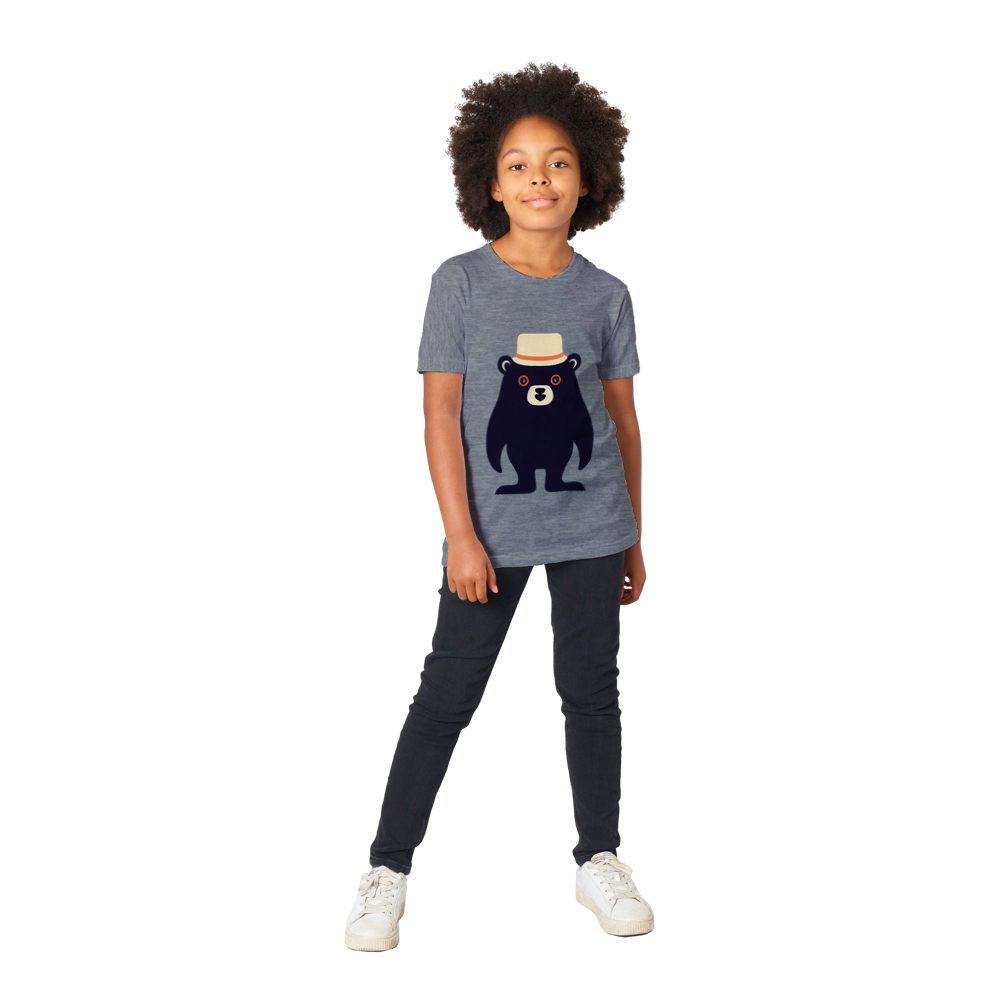 Kid wearing a grey t-shirt with a cute bear print