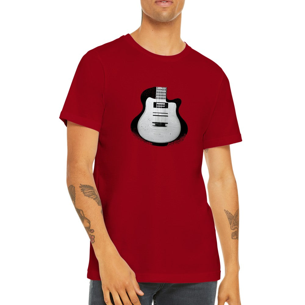 Guy wearing a red t-shirt with Black and White Pop-Art Guitar Print
