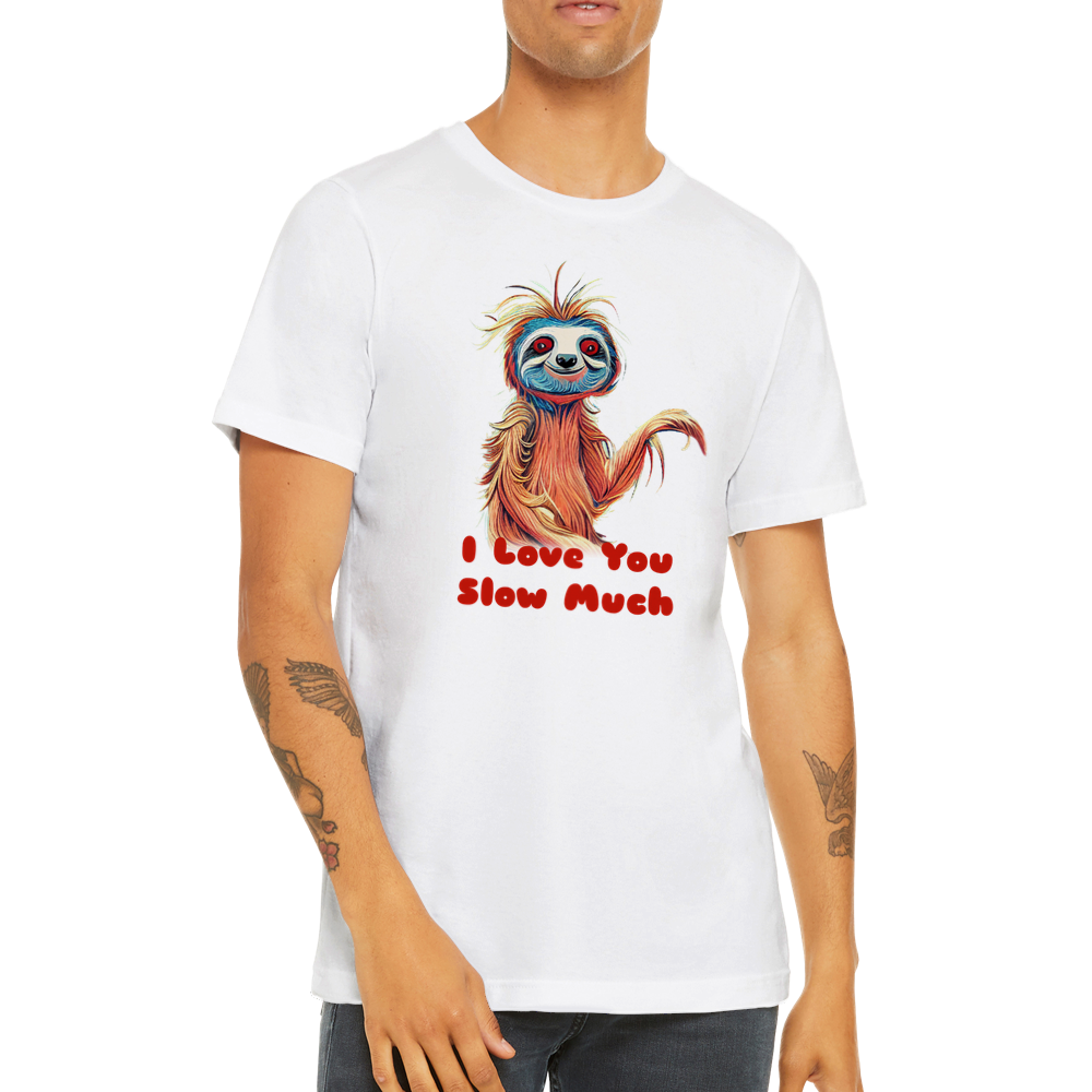 guy wearing a white t-shirt with a sloth and the caption I love you slow much