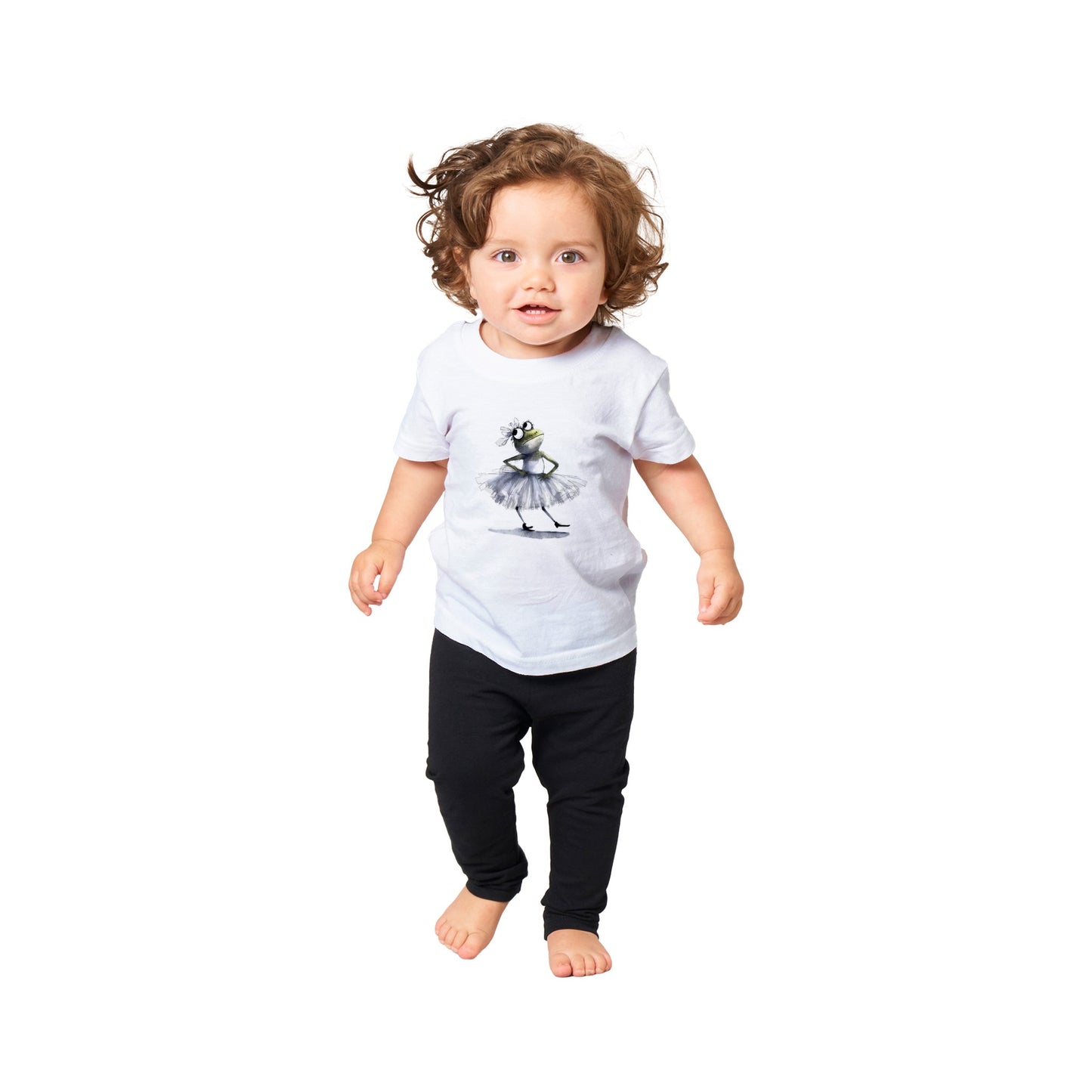 Toddler wearing a white t-shirt with a ballerina fron in a tutu print