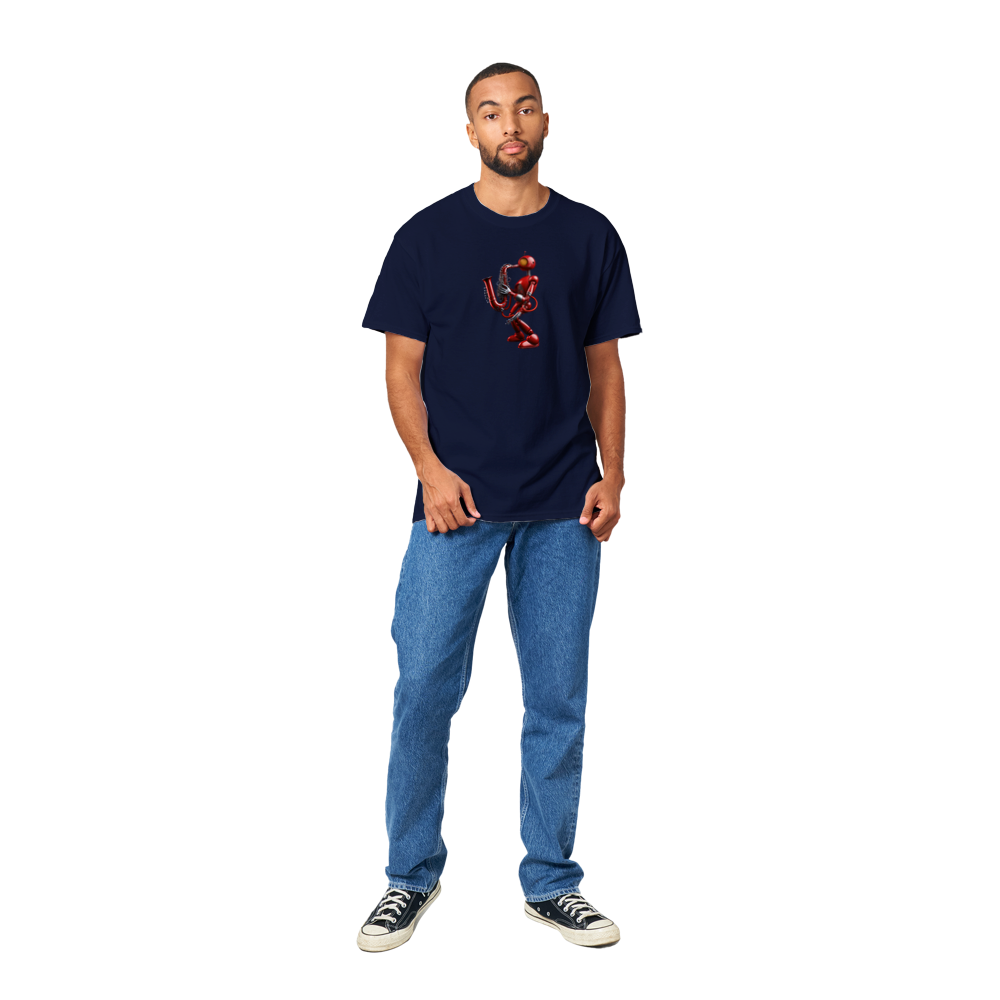 A guy wearing a navy t-shirt with a red robot playing a saxophone