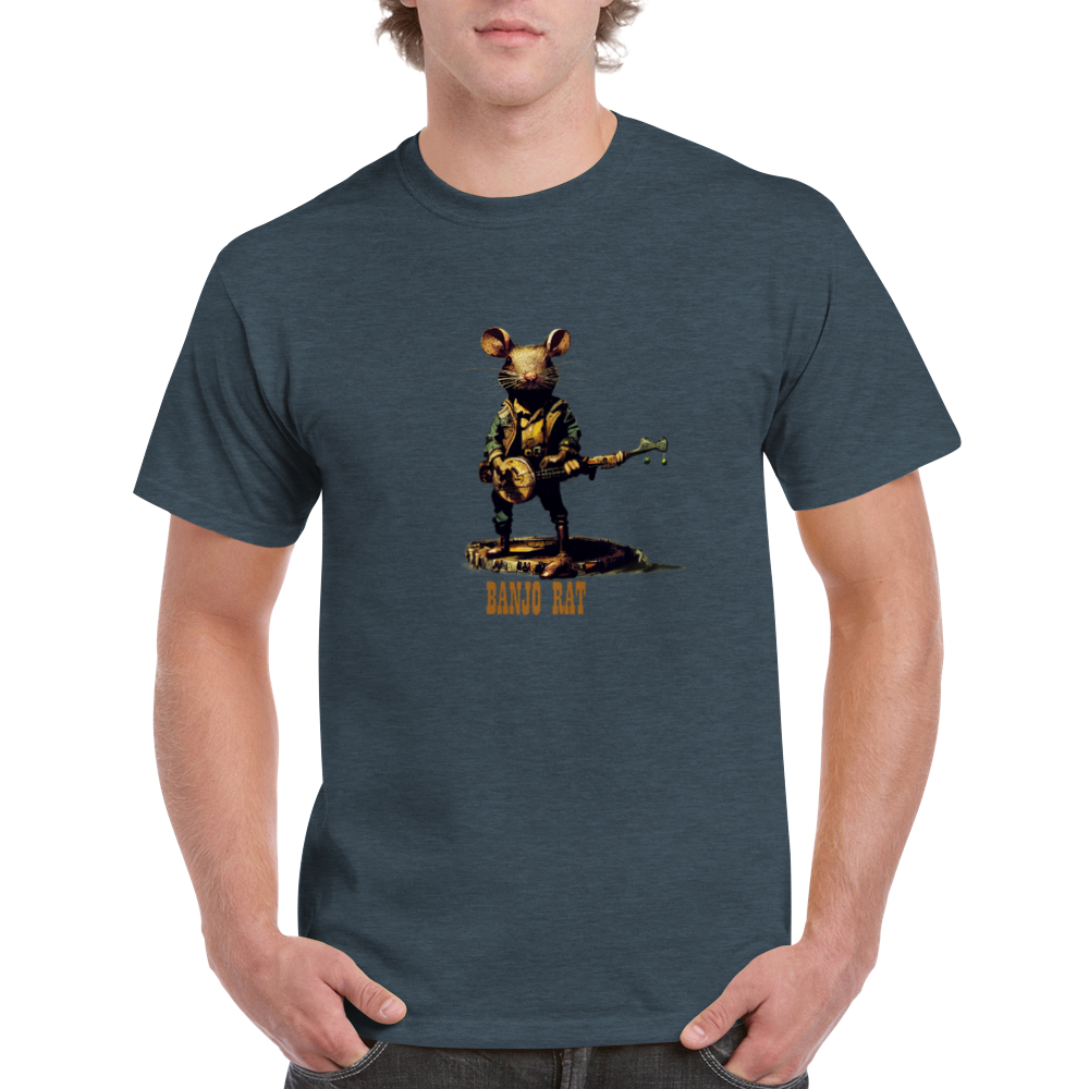 A guy wearing a grey t-shirt with a print of a rat playing the banjo print on the front