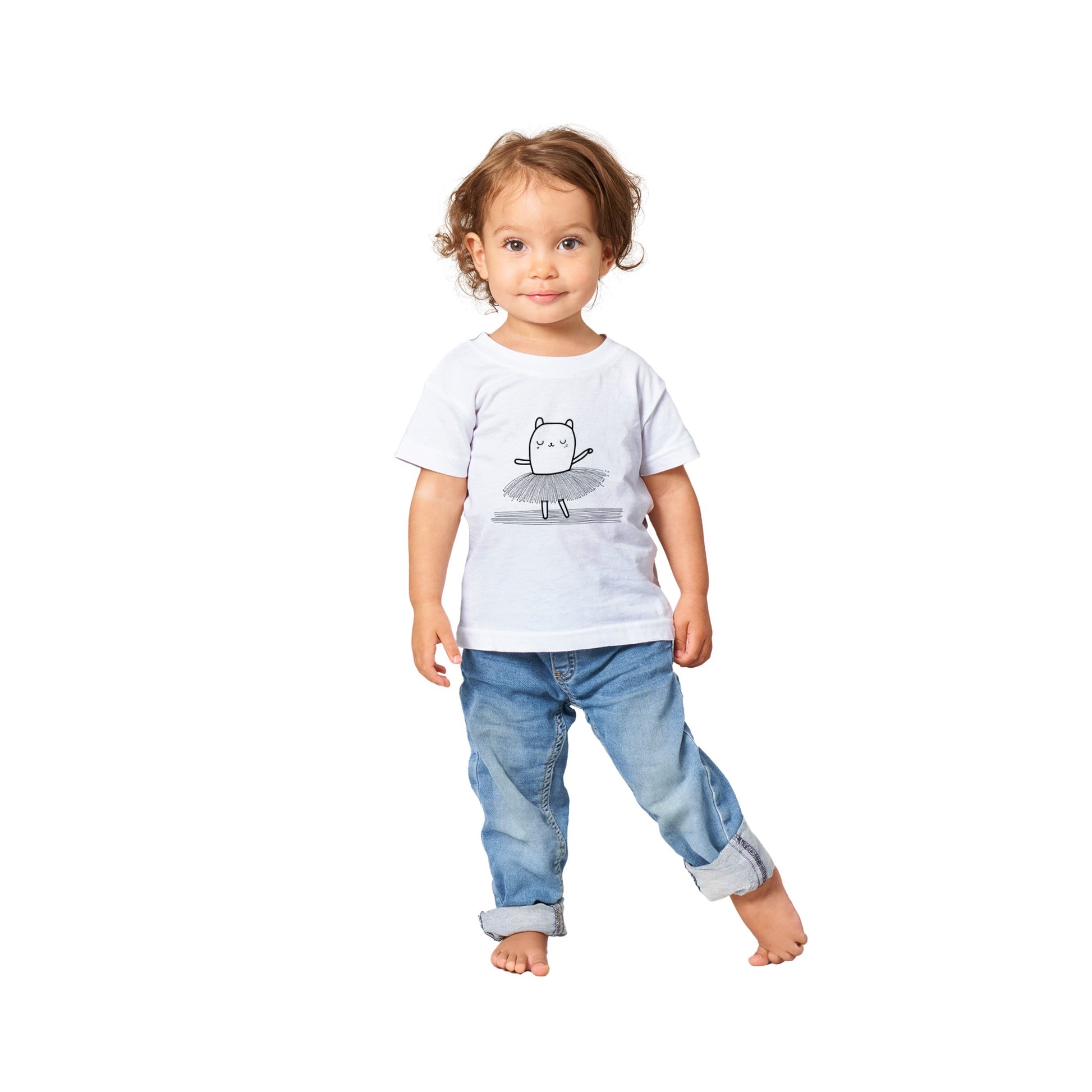 Toddler wearing a white t-shirt with cute kitten ballerina print