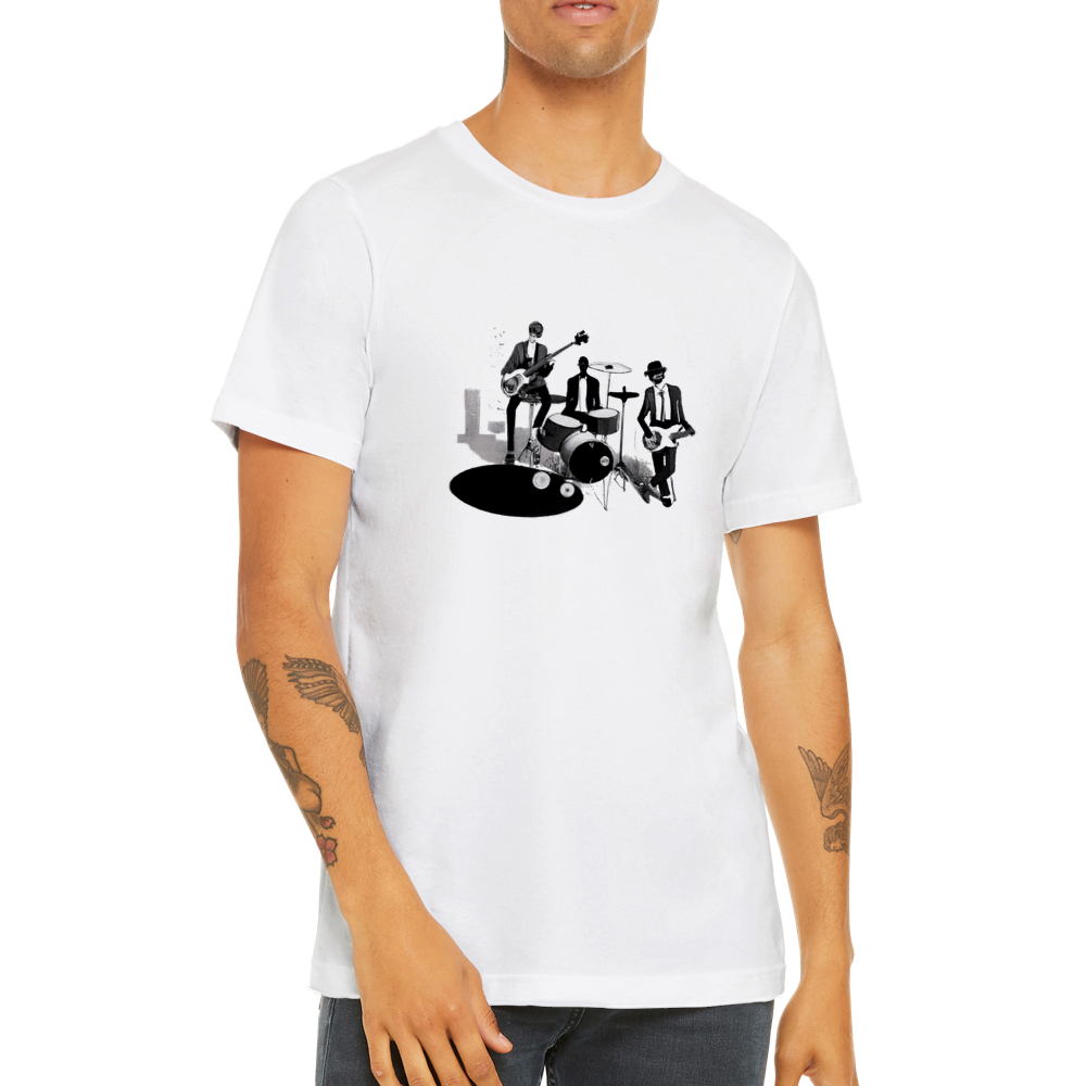 a man wearing a white t-shirt with a jazz trio print
