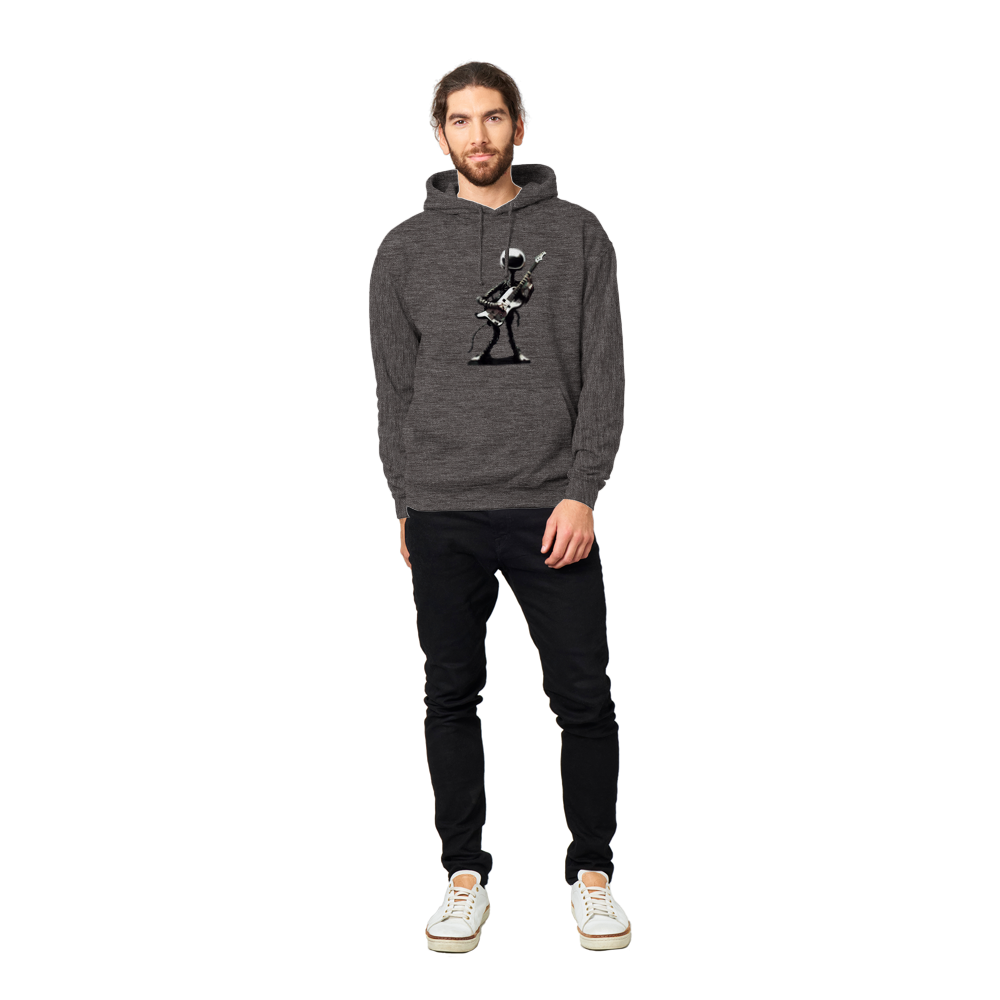 A guy wearing a grey hoodie with an alien guitarist print on the front