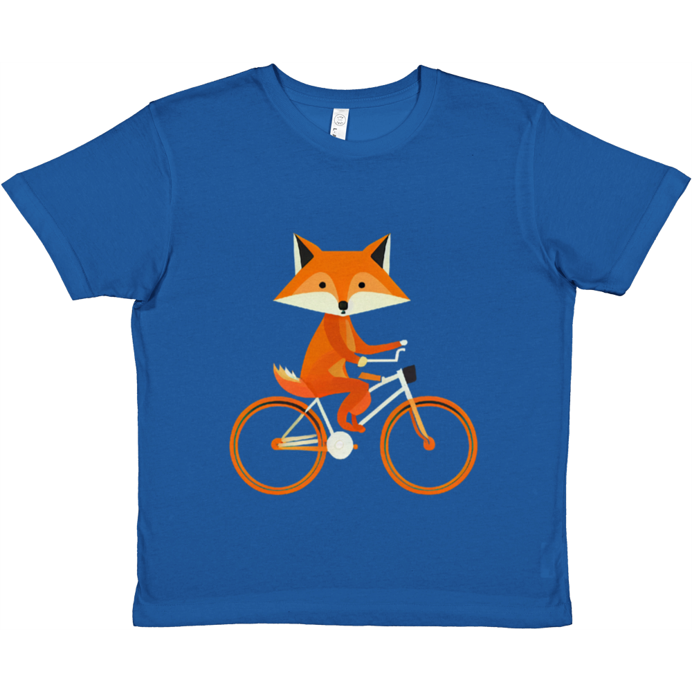Royal blue t-shirt with a cute fox riding a bike print