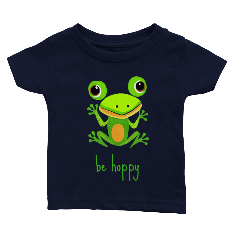 baby's navy t-shirt with cute be hoppy frog print