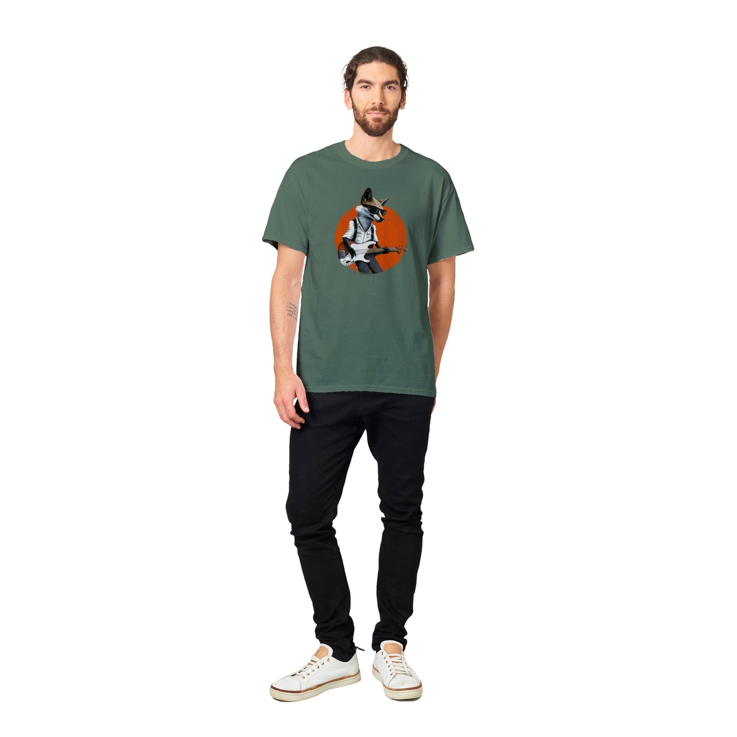 Guy wearing a green t-shirt with a print of a fox in sunglasses playing the bass guitar