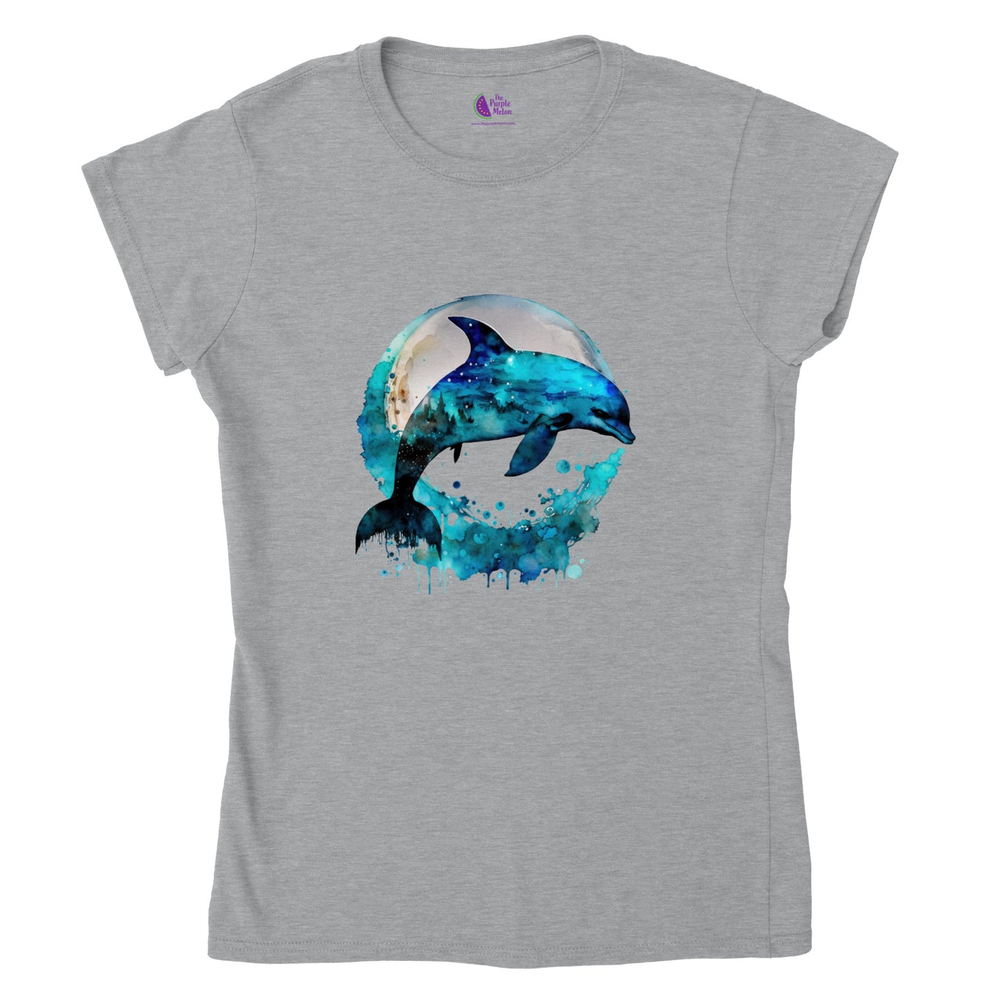 grey t-shirt with a dolphin print