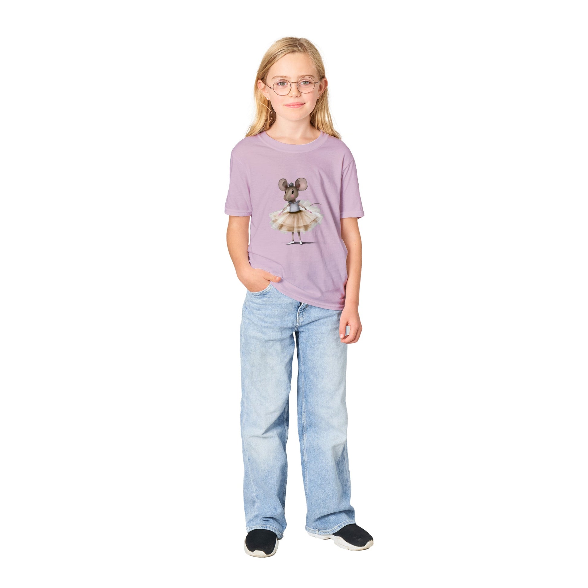 Girl wearing a pink t-shirt with a cute ballerina mouse print