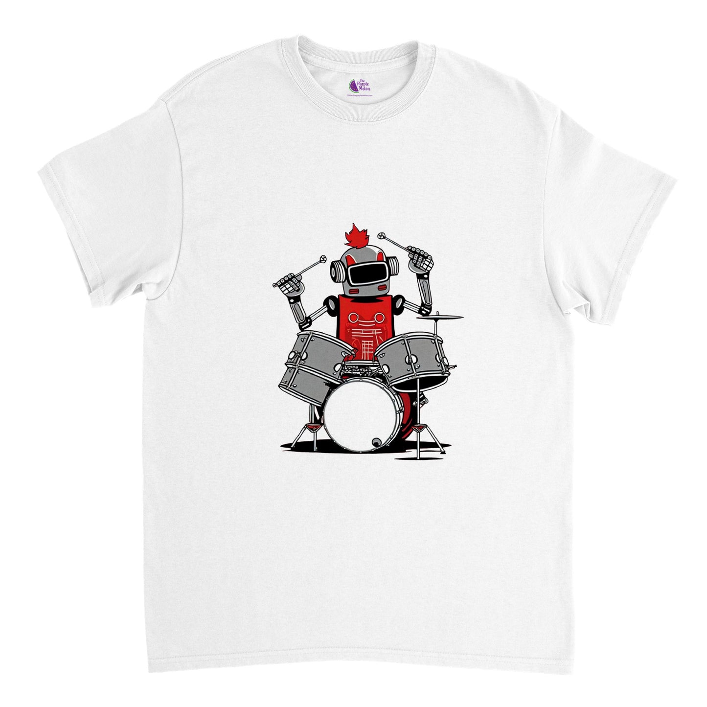 White t-shirt with a robot playing the drums graphic