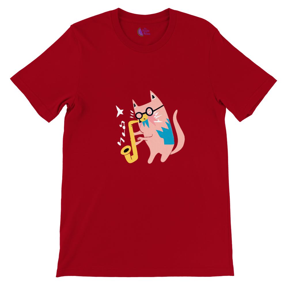 Pink Cat Playing a Saxophone Premium Unisex Crewneck T-shirt.