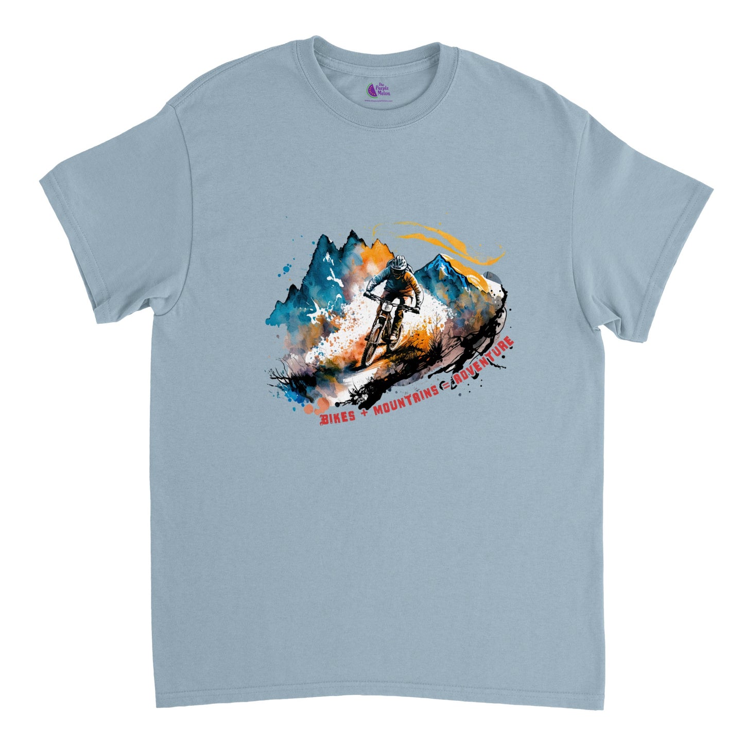Light blue t-shirt with a mountain bike print with the caption Bikes + Mountains = Adventure
