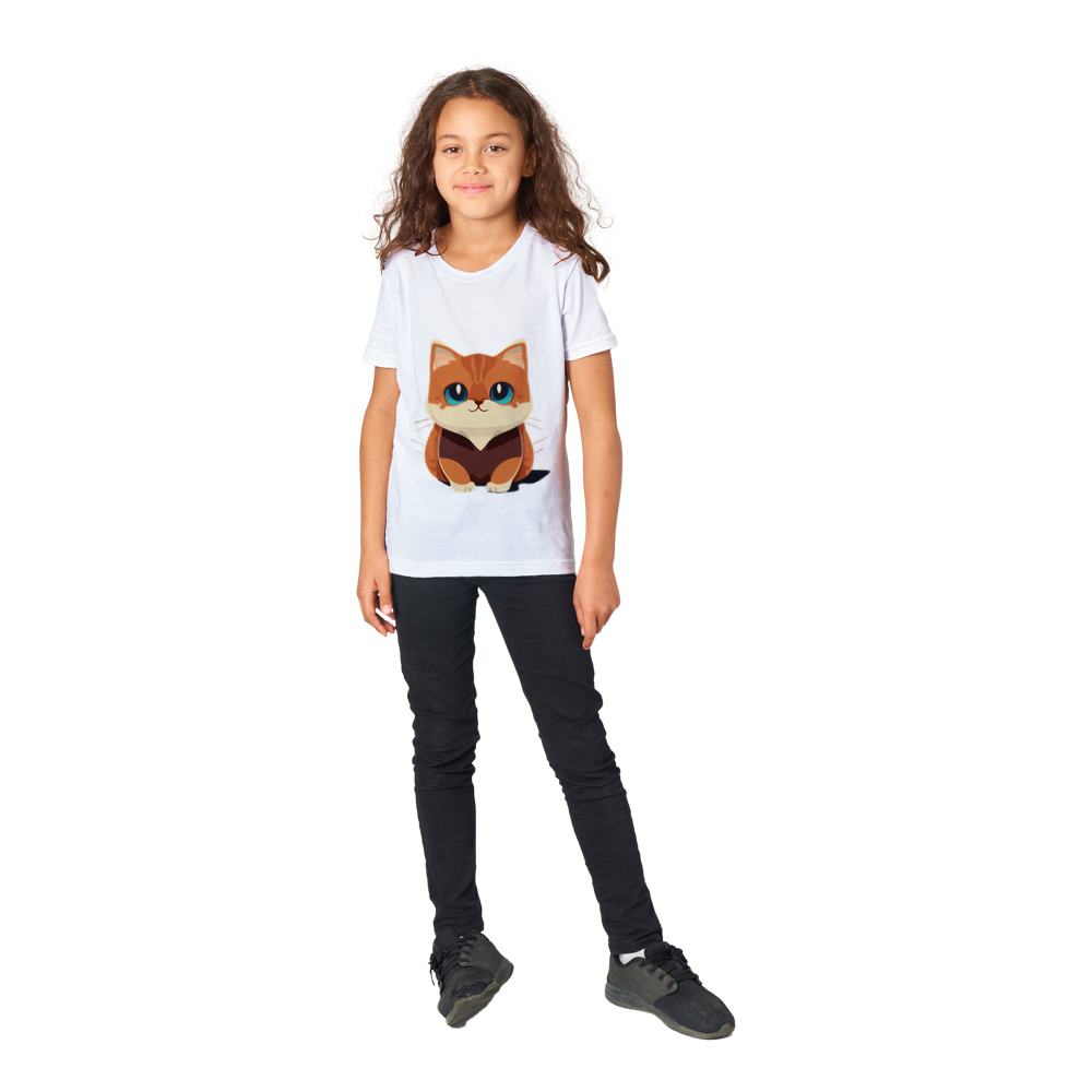 Girl wearing a white t-shirt with adorable munchkin kitten print