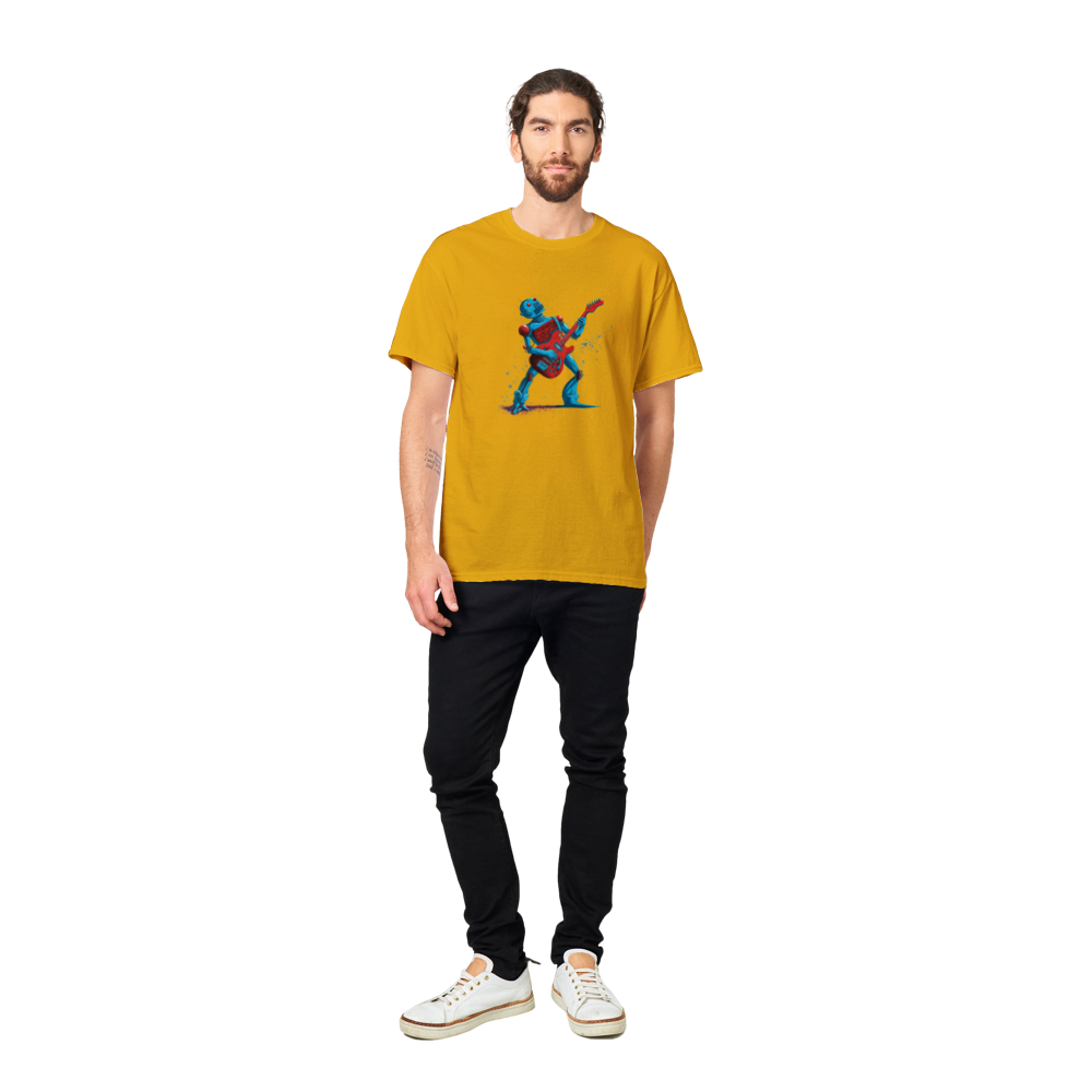A guy wearing a gold t-shirt with a robot playing a red guitar