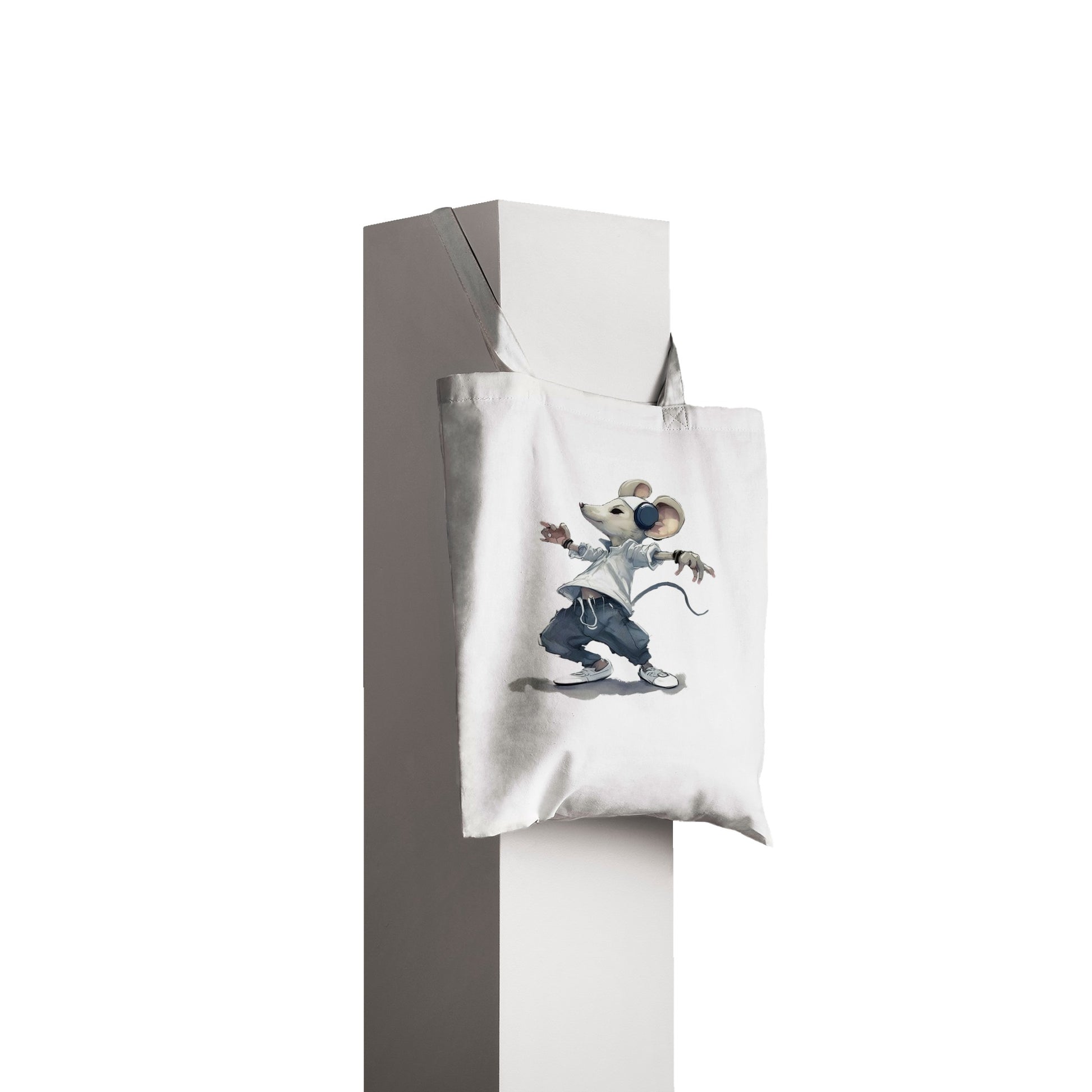 white tote bag with hip hop mouse print