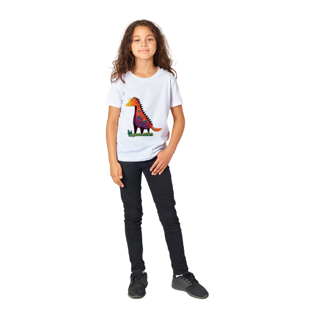 Cute Orange & Purple Dinosaur Print Premium Kids Crewneck T-shirt