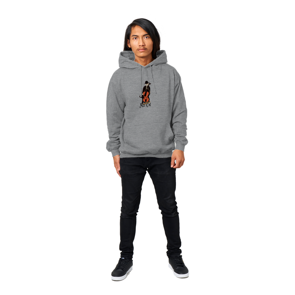Jazz Cat Playing Double Bass Premium Unisex Pullover Hoodie.