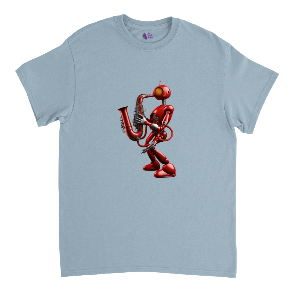 Light blue t-shirt with a red robot playing a saxophone