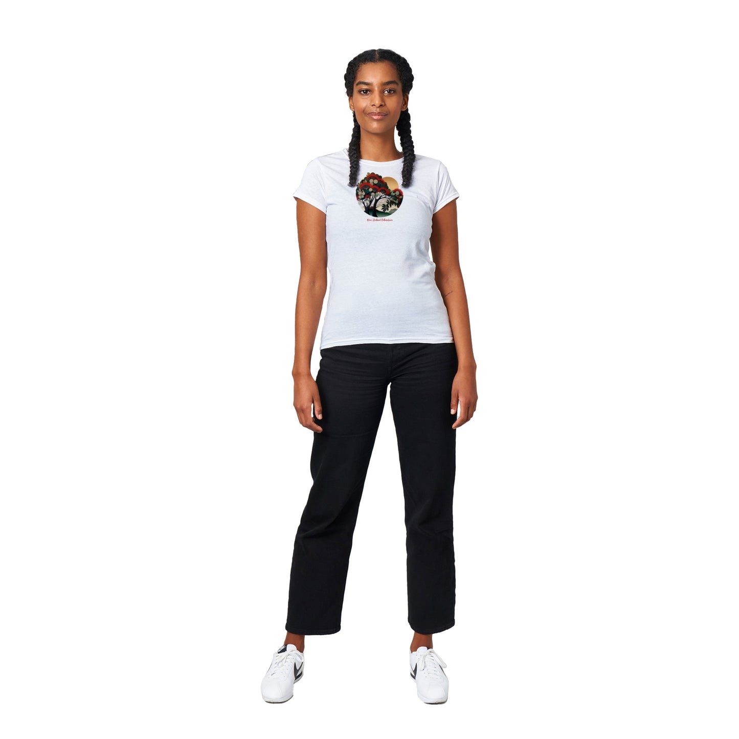 woman wearing a white t-shirt with a new zealand pohutukawa tree print