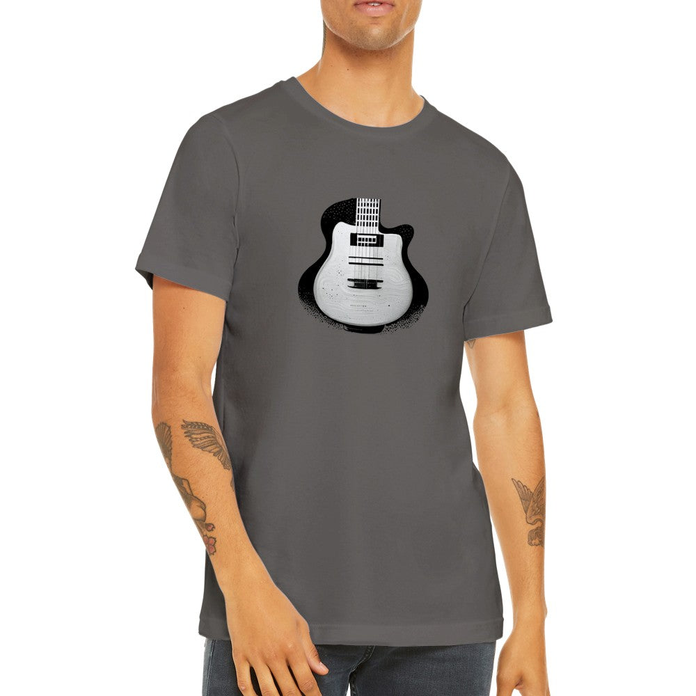 Guy wearing a grey t-shirt with Black and White Pop-Art Guitar Print
