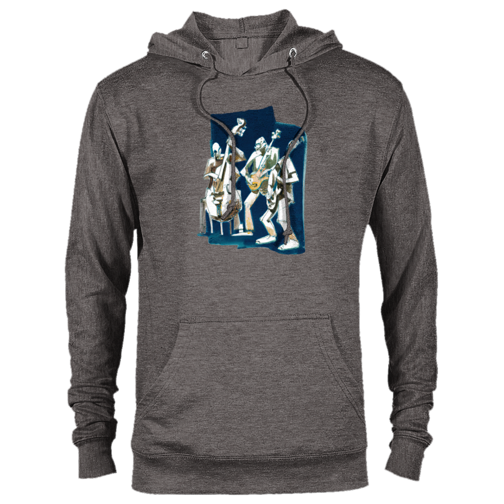 A grey hoodie with a Jazz trio print on the front