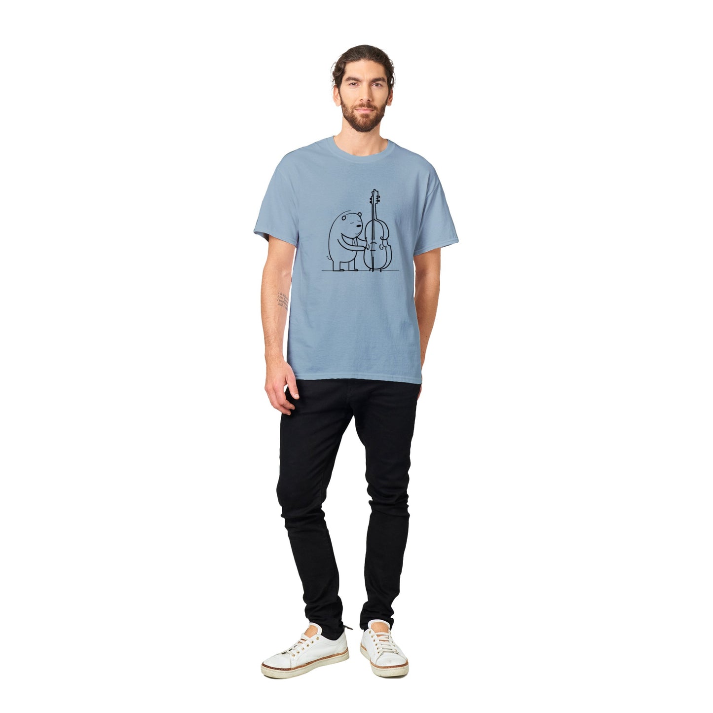 Guy wearing a sky blue t-shirt with a bear playing a double bass print