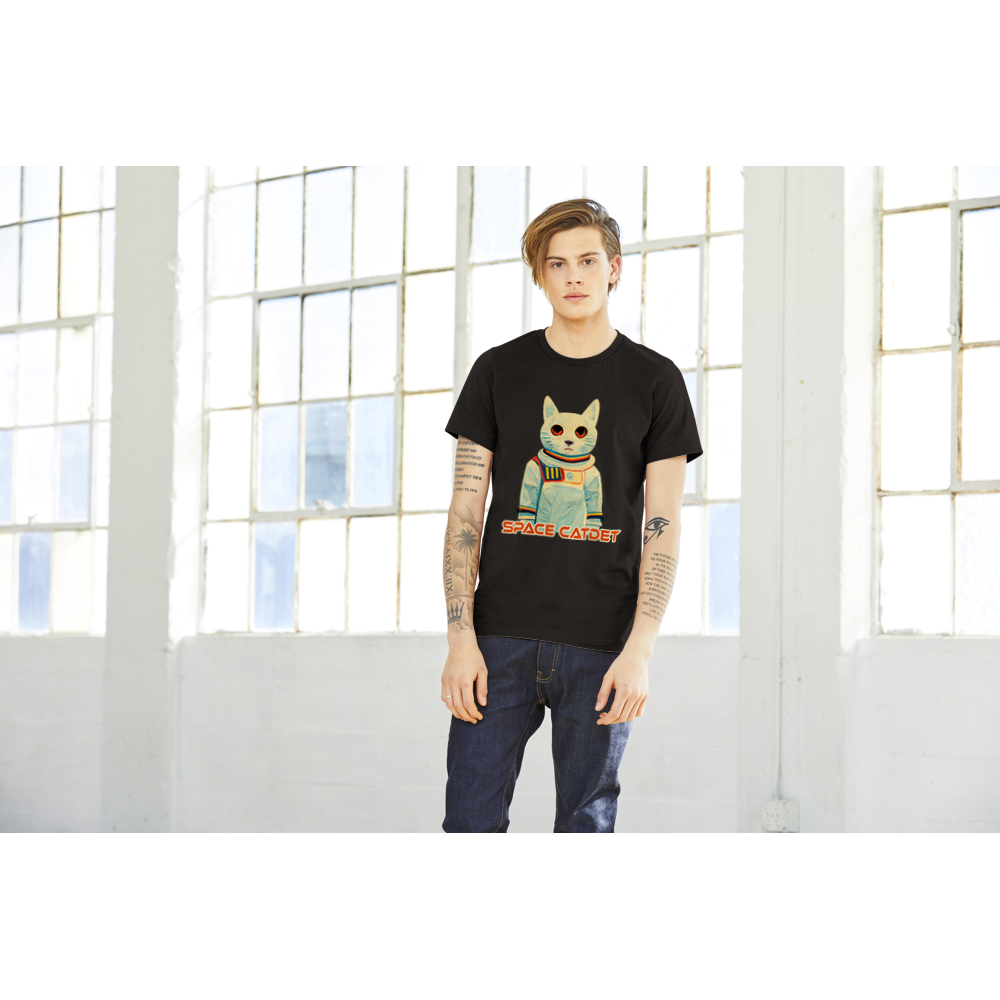 black t-shirt with a space catdet print