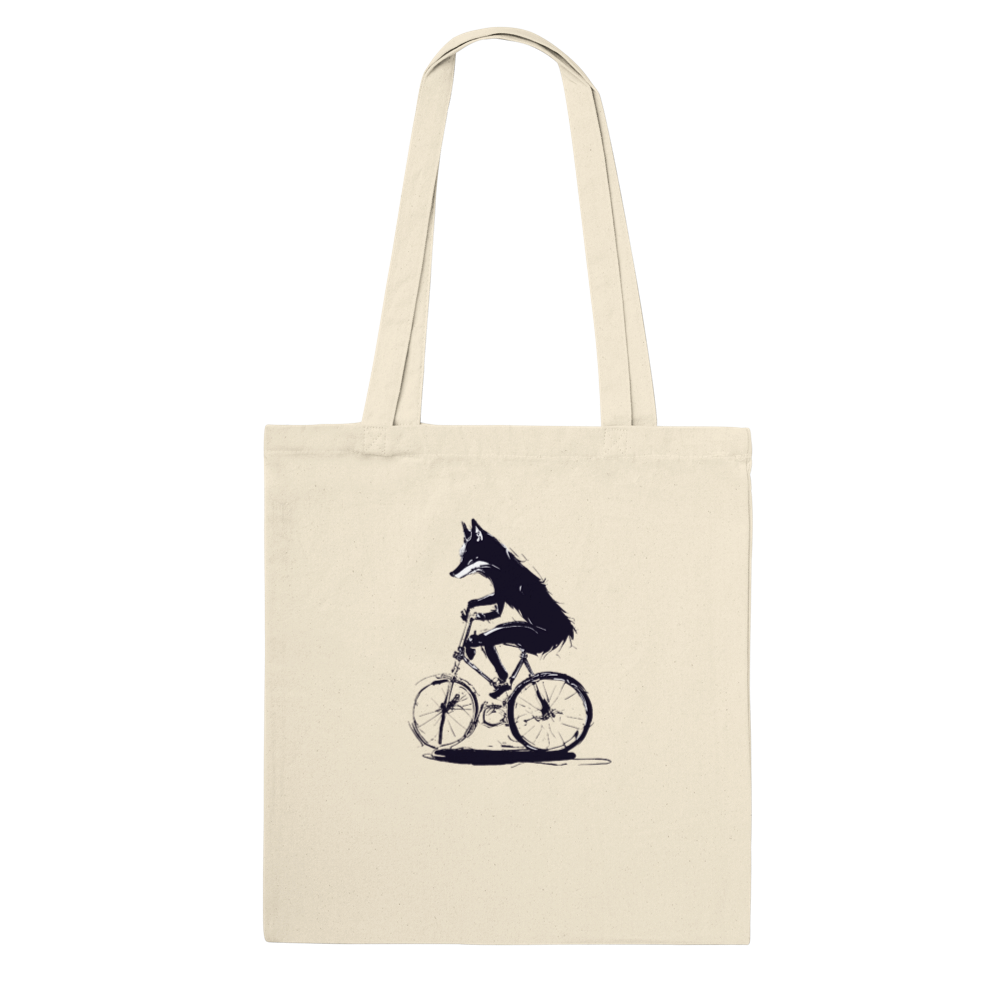 Tote bag with fox riding a bicycle design
