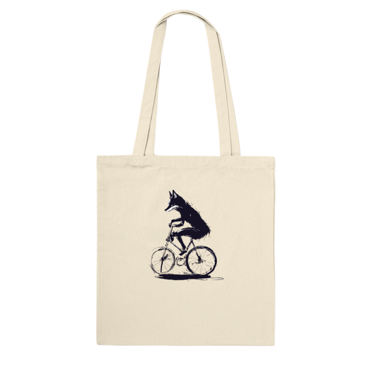 Tote bag with fox riding a bicycle design