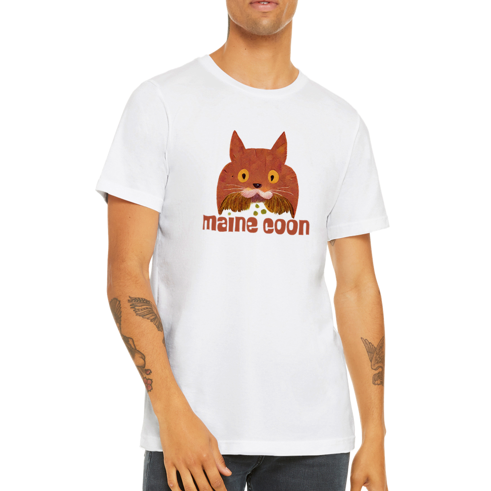 Guy wearing a white t-shirt with a quirky Maine Coon print