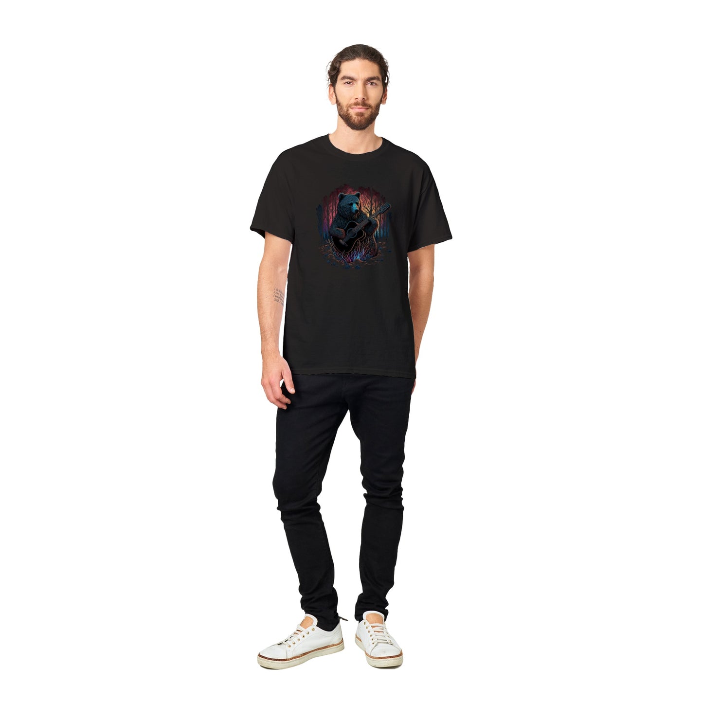 Bear playing acoustic guitar in the woods Heavyweight Unisex Crewneck T-shirt