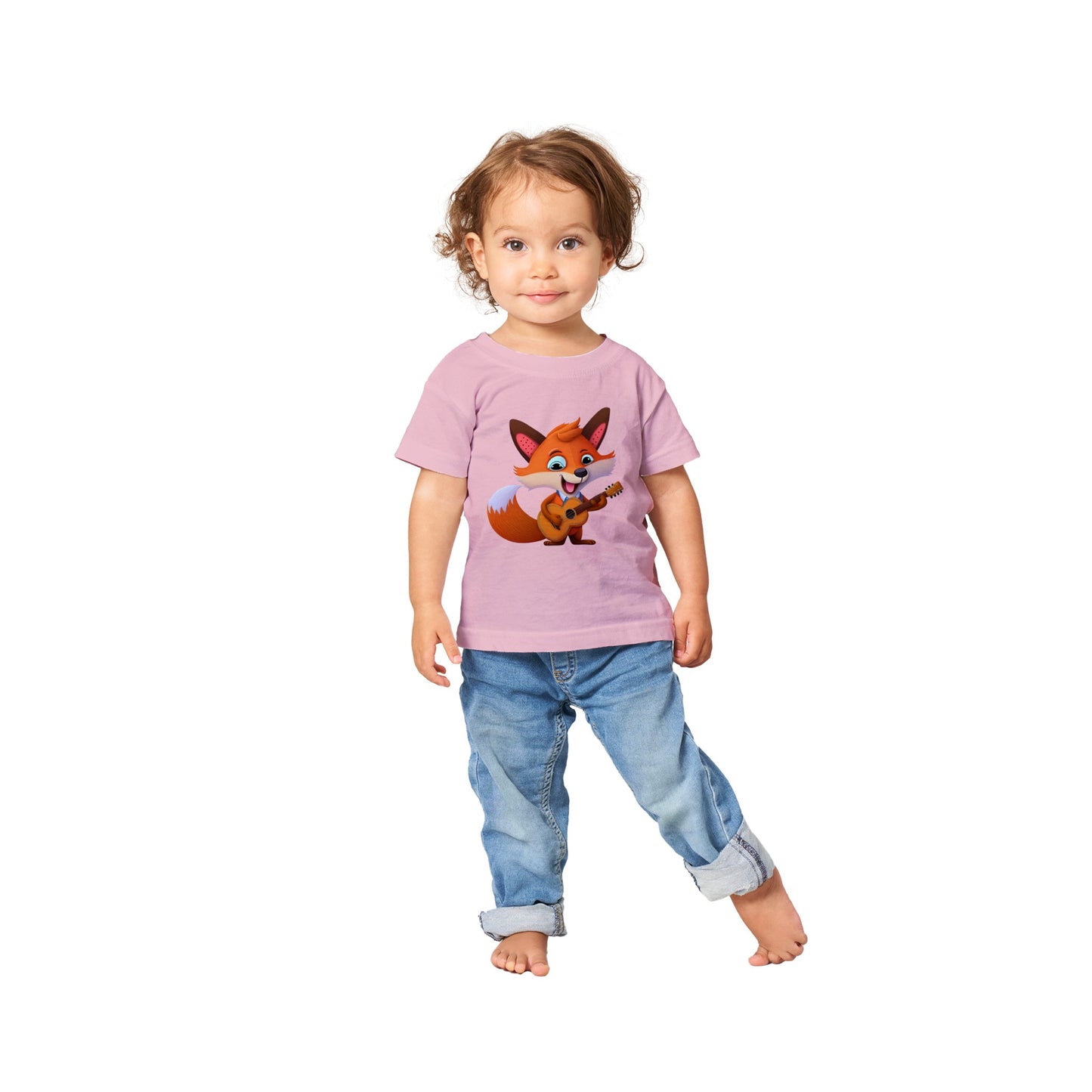 toddler wearing a pink t-shirt with cute fox playing a guitar