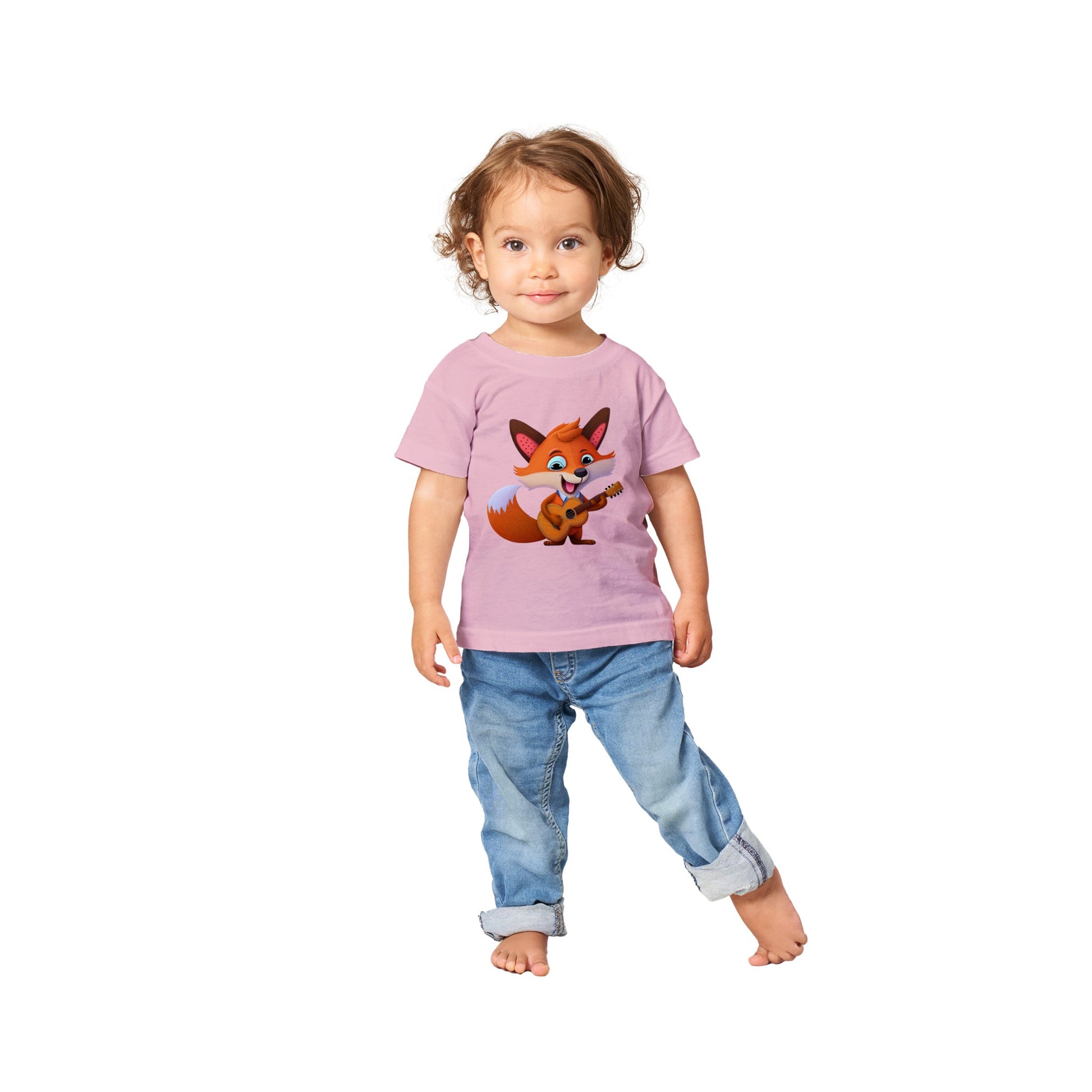 toddler wearing a pink t-shirt with cute fox playing a guitar