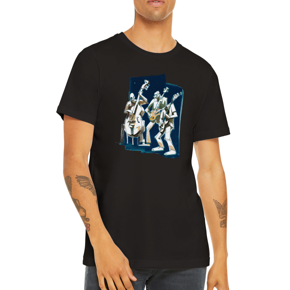 Man wearing a black t-shirt with the print of a jazz trio on the front