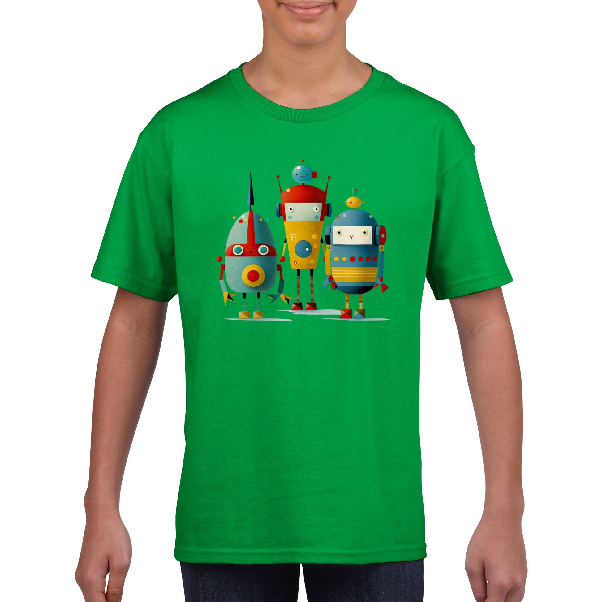 Green kids t-shirt with 3 retro robots