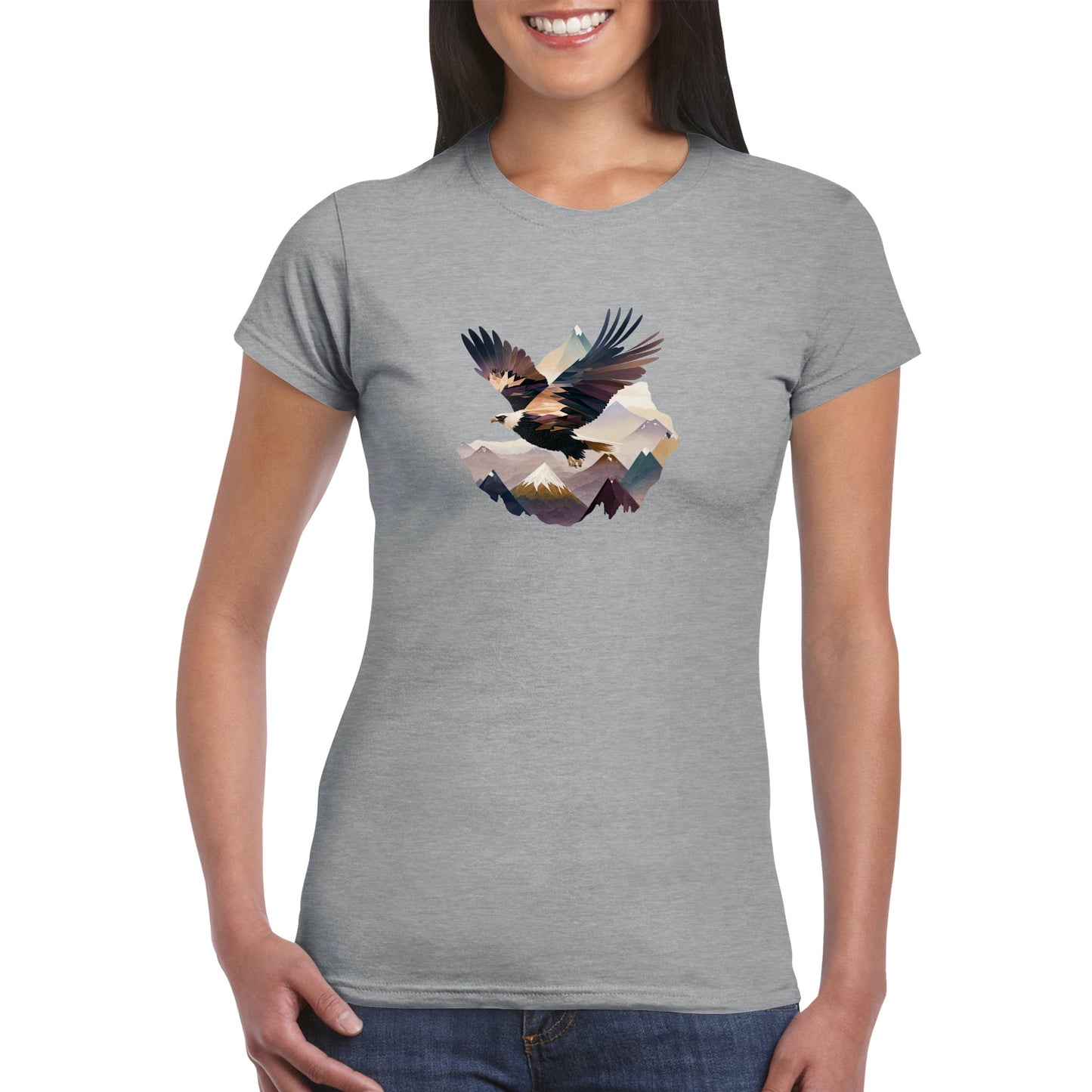 woman wearing a grey t-shirt with an eagle flying over a mountain range print
