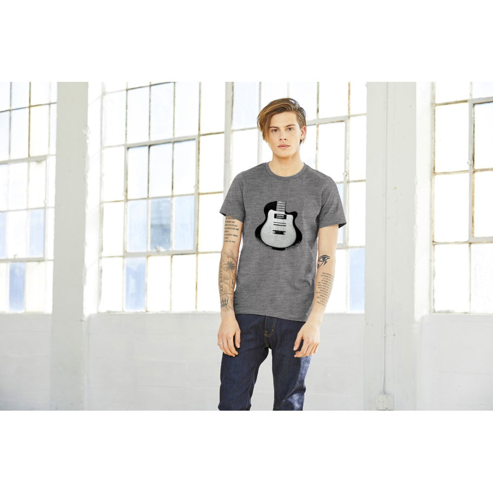 Guy wearing a grey t-shirt with Black and White Pop-Art Guitar Print