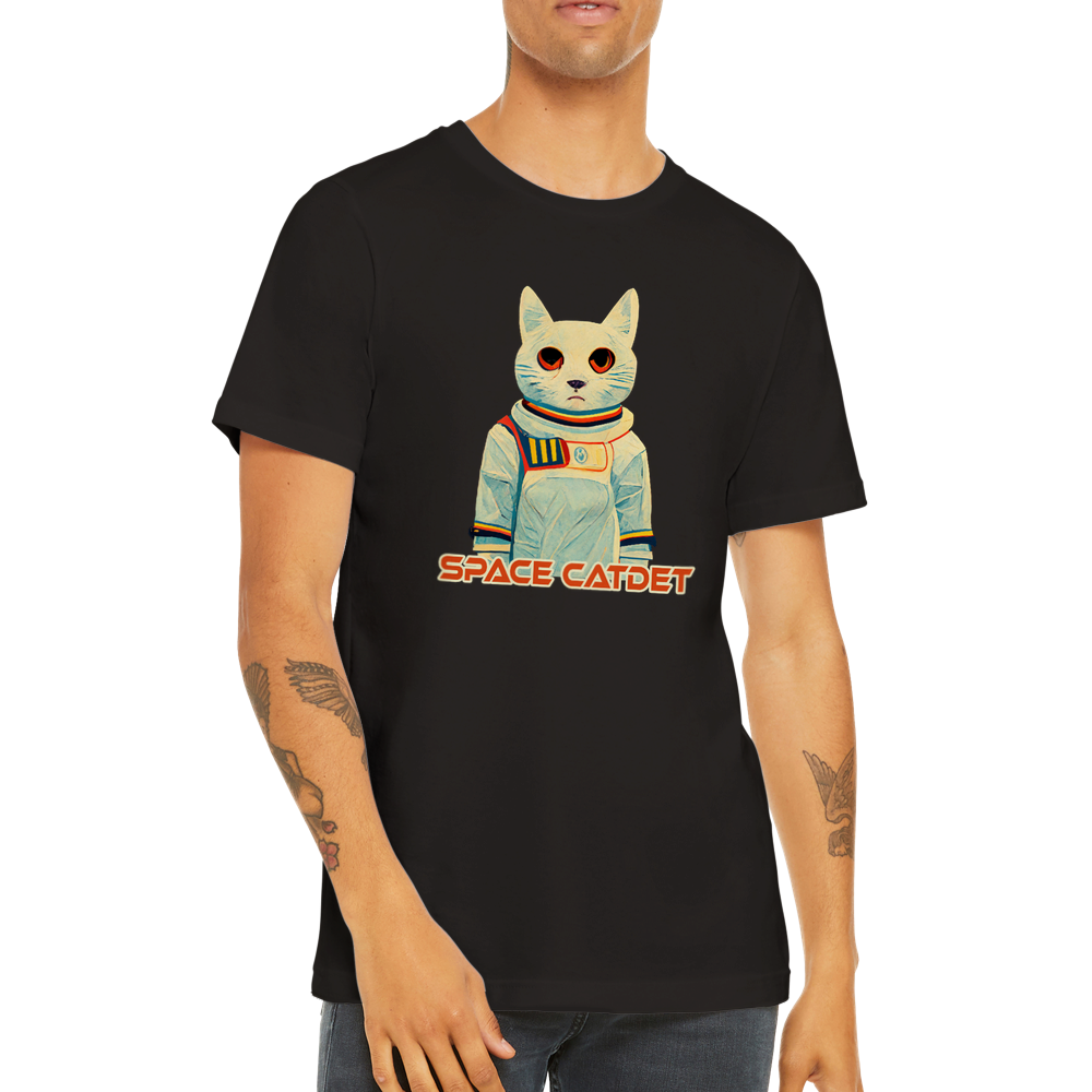 black t-shirt with a space catdet print
