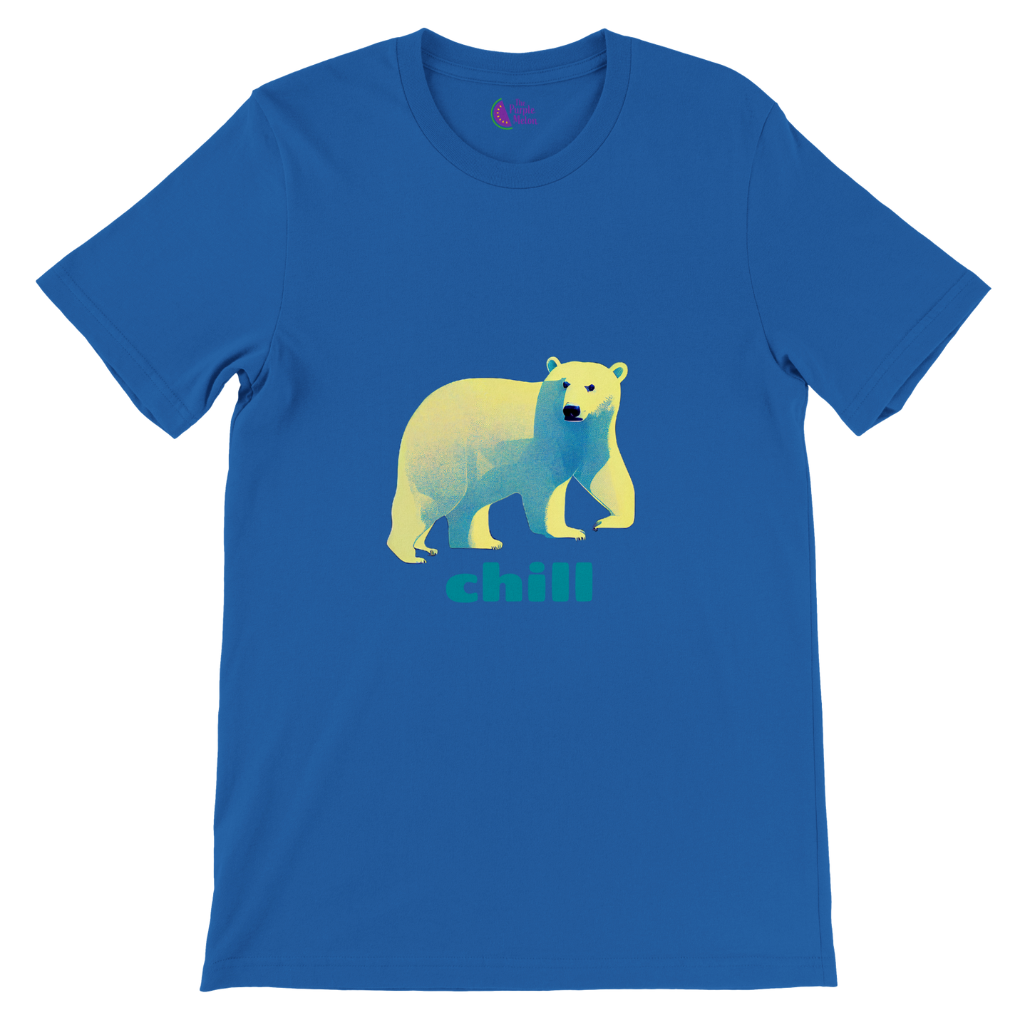Royal blue t-shirt with a polar bear print with chill caption